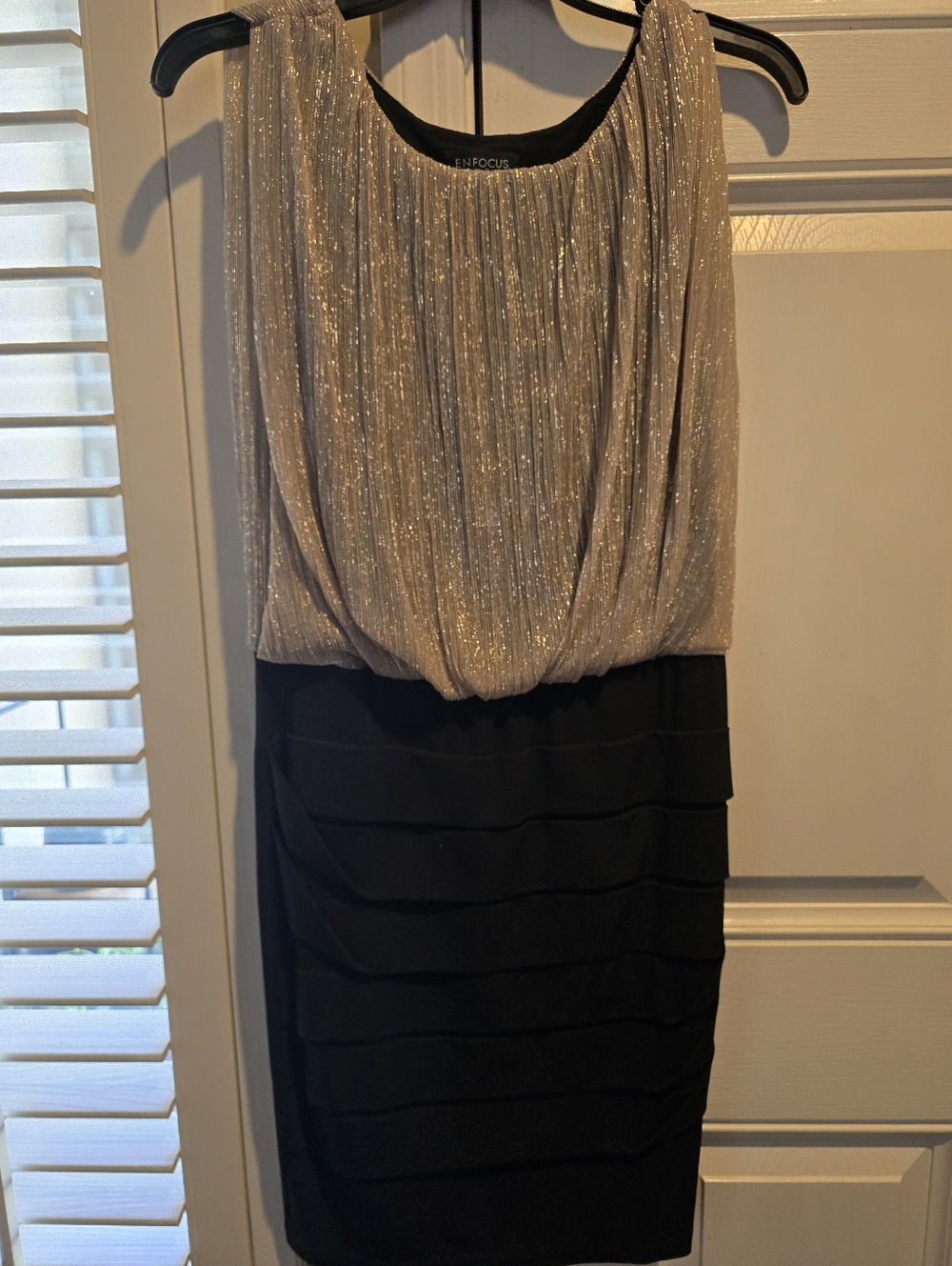 Enfocus Studio Gold Shimmer Blouson Top Black Tiered Mini Dress